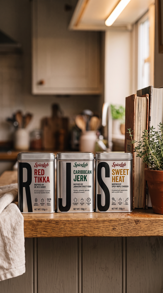Three canisters of Spirinelli coffee beans lined up on a wooden counter in a warm, softly blurred kitchen setting. The cans are labeled Red Tikka, Caribbean Jerk, and Sweet Heat.